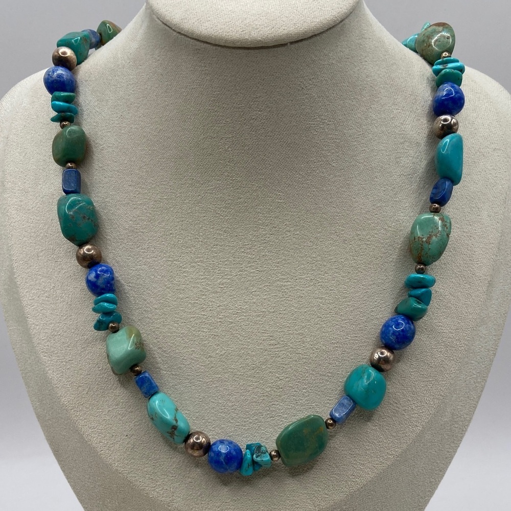 Vintage Sterling Silver 925 Multicolor Mixed Turquoise Bead Necklace 17”L